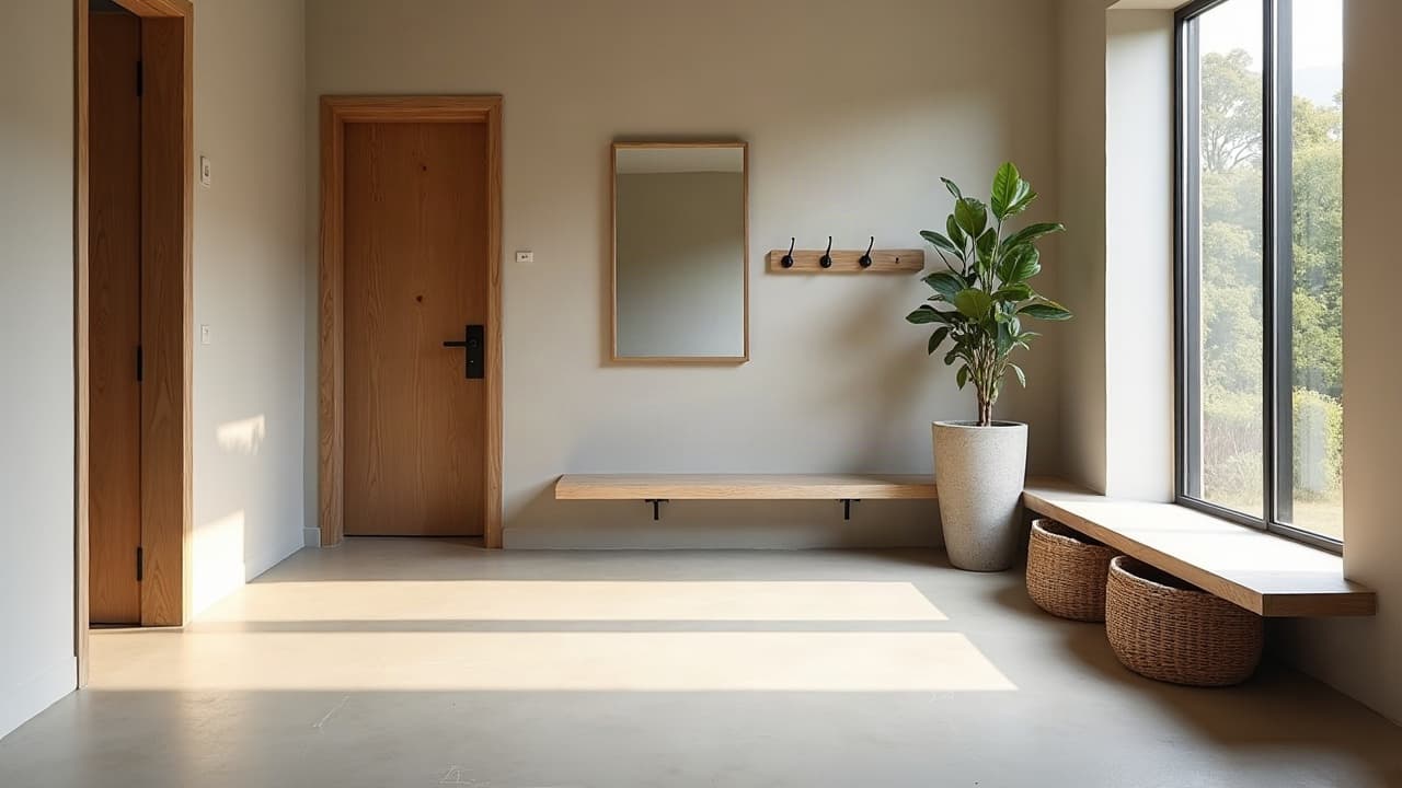 Vestibule avec banquette murale et sol en béton ciré clair, panier en osier au pied de la fenêtre