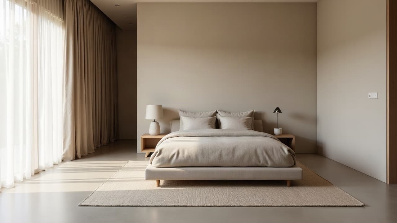 Chambre aux rideaux voilages et sol en béton ciré taupe, lit bas et tables de chevet assorties