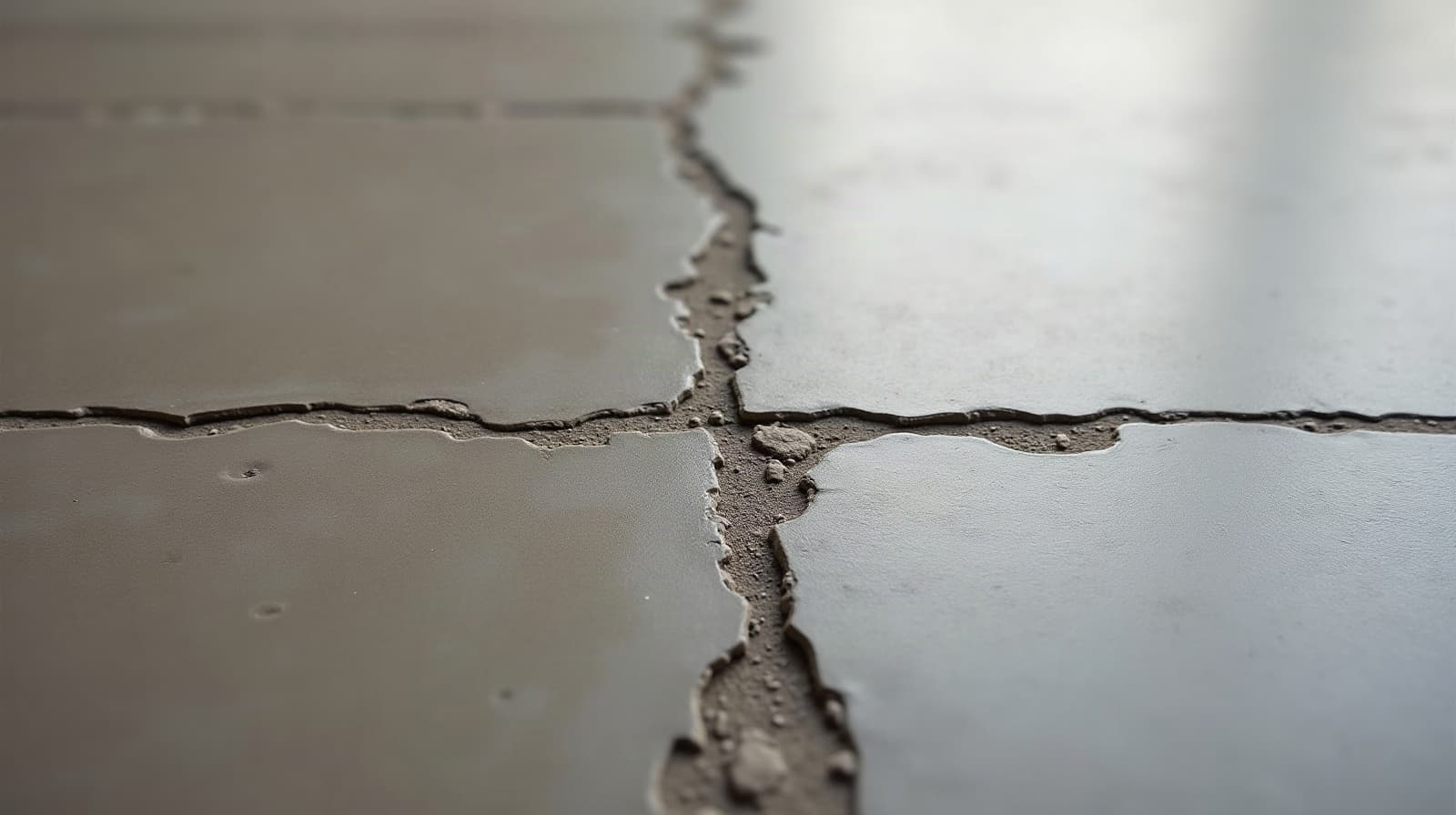 Détail d'une surface de béton ciré ancien présentant une fine fissure et une zone de finition ternie côte à côte