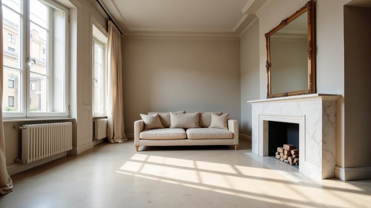 Salon avec cheminée en marbre et sol en béton ciré beige, vue sur un immeuble voisin depuis les fenêtres