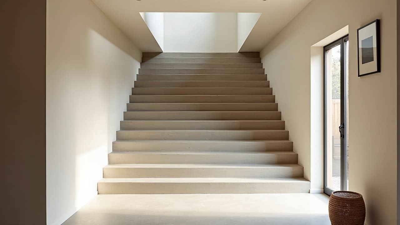 Escalier intérieur avant application de béton ciré, structure en béton brut visible marche par marche