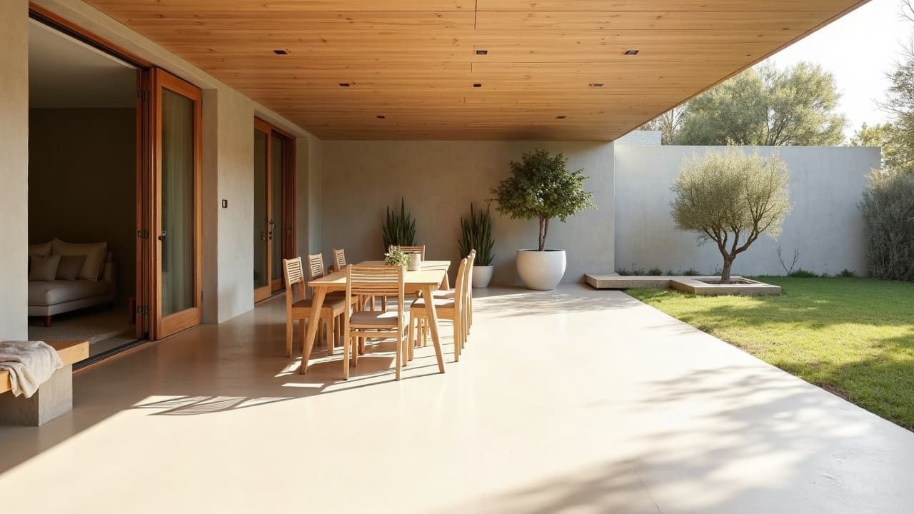 Terrasse couverte en béton ciré clair avec table à manger extérieure, jardin et olivier en pot au fond