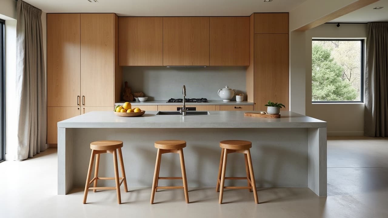 Îlot de cuisine avec plan de travail en béton ciré gris, plaques de cuisson et évier intégrés, trois tabourets