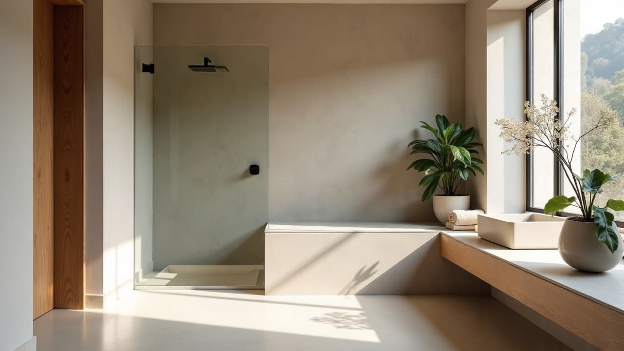 Douche vitrée et baignoire encastrée dans un tablier en béton ciré beige, salle de bain lumineuse
