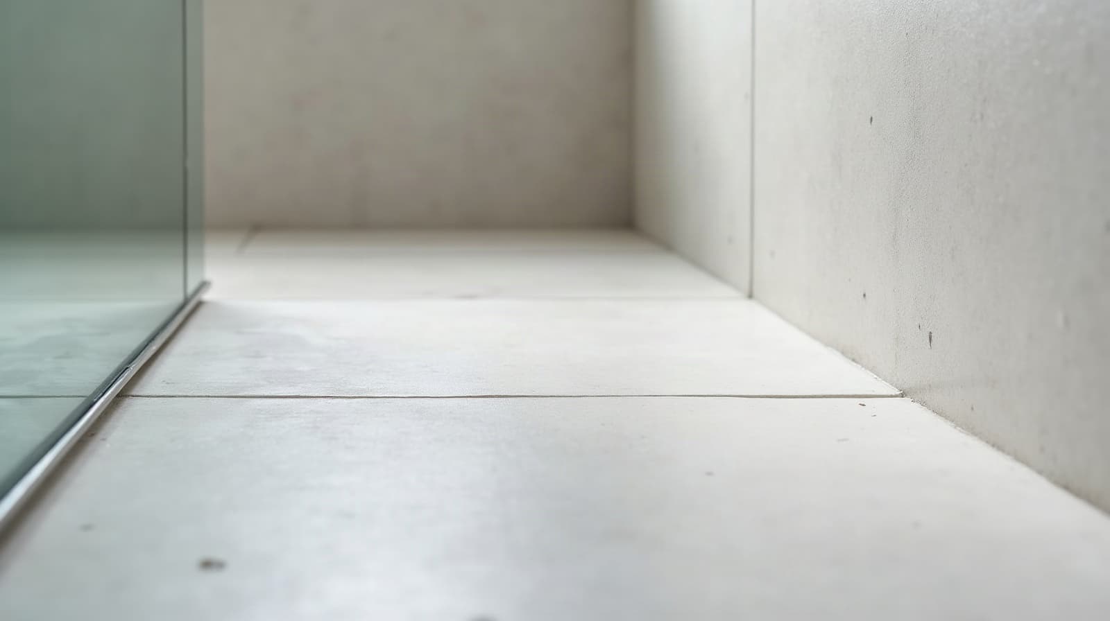 Angle de douche à l'italienne avec relevé d'étanchéité visible en pied de mur avant application de la finition béton ciré