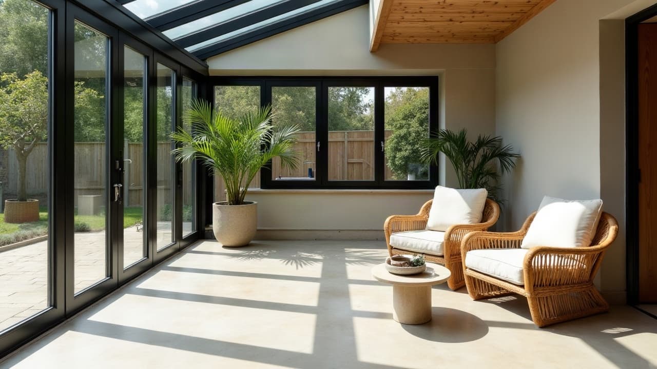 Véranda au toit vitré avec fauteuils en rotin et sol en béton ciré clair, ouverte sur le jardin