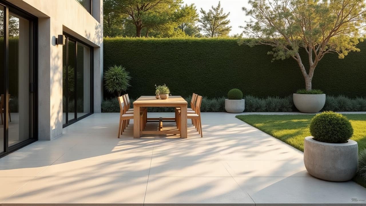 Terrasse extérieure avec un ancien carrelage, avant diagnostic pour une application de béton ciré par-dessus