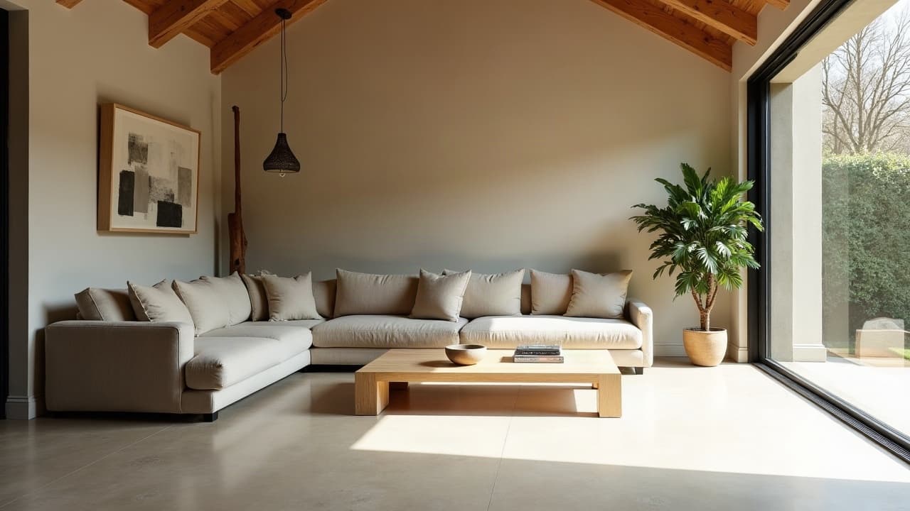 Séjour à charpente apparente avec canapé d'angle et sol continu en béton ciré clair