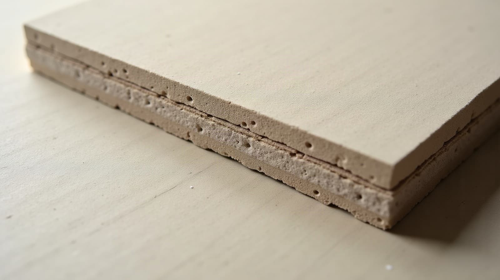 Échantillons de béton ciré aux teintes et finitions différentes posés côte à côte sur un plan de travail d'atelier