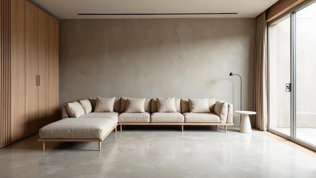 Mobilier et plinthes protégés par une bâche avant le début d'un chantier de béton ciré au sol