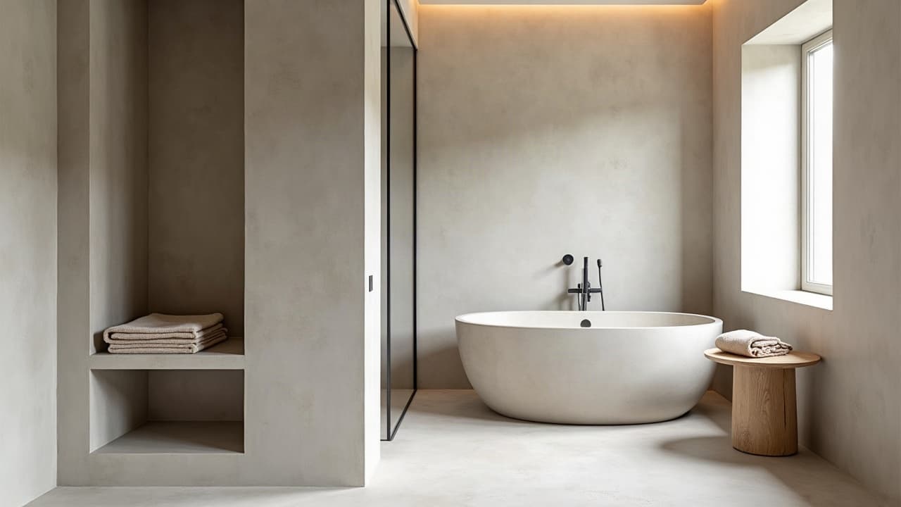 Salle de bain en béton ciré gris, sol et murs sans joint