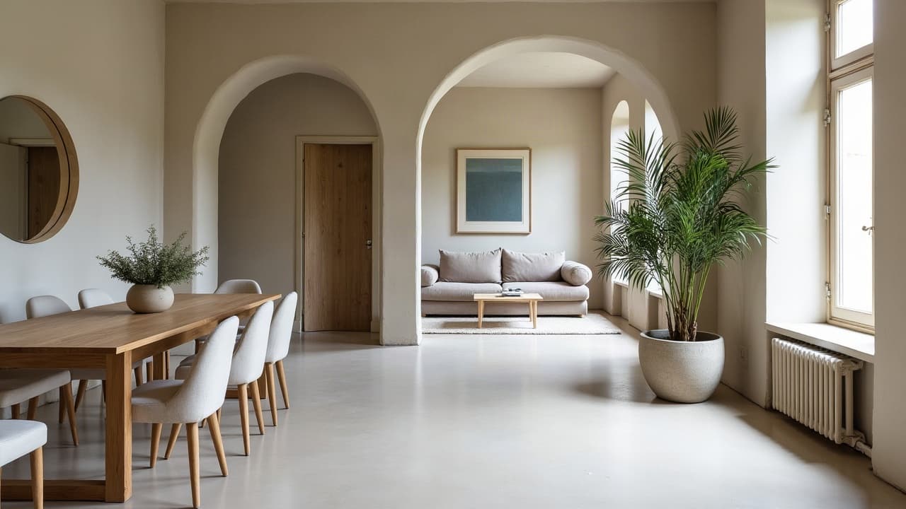 Grand salon au sol en béton ciré, continu sur toute la pièce