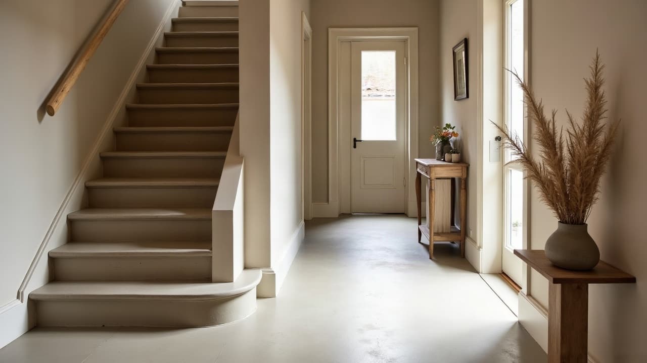 Escalier et couloir d'entrée traités en béton ciré taupe clair dans une maison à étage à Dombasle-sur-Meurthe