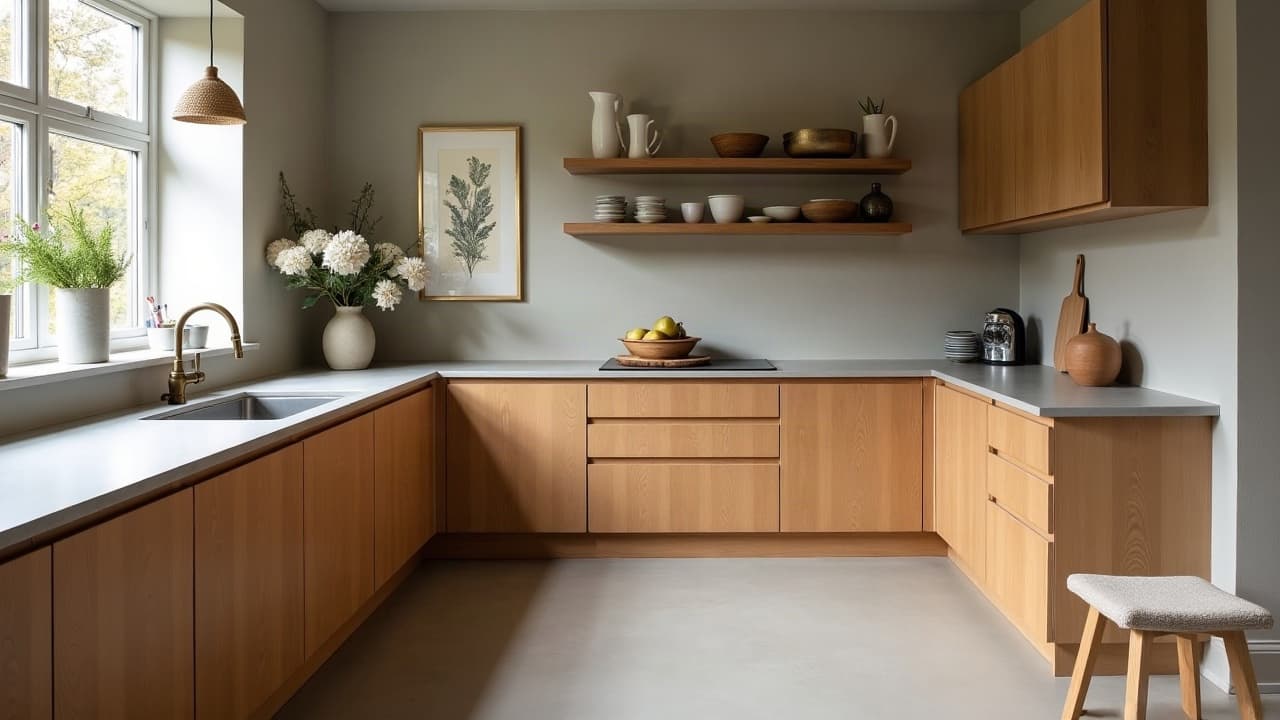 Cuisine ouverte en béton ciré beige, du sol au plan de travail, dans une maison à Dombasle-sur-Meurthe