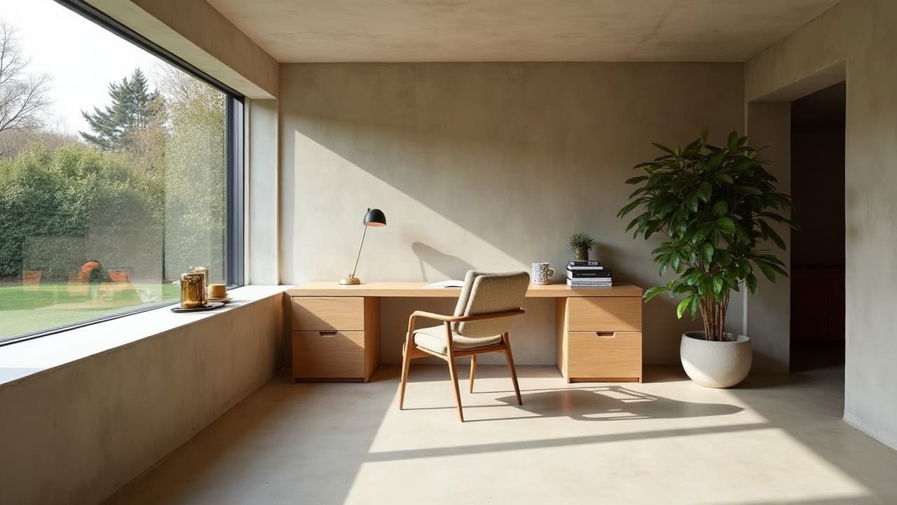 Coin bureau en béton ciré beige, murs et sol assortis, avec vue sur jardin à Jarville-la-Malgrange