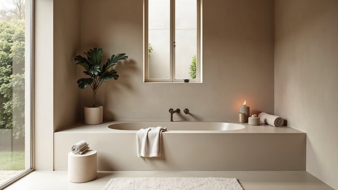 Salle de bain avec baignoire encastrée dans un tablier continu en béton ciré taupe à Laxou