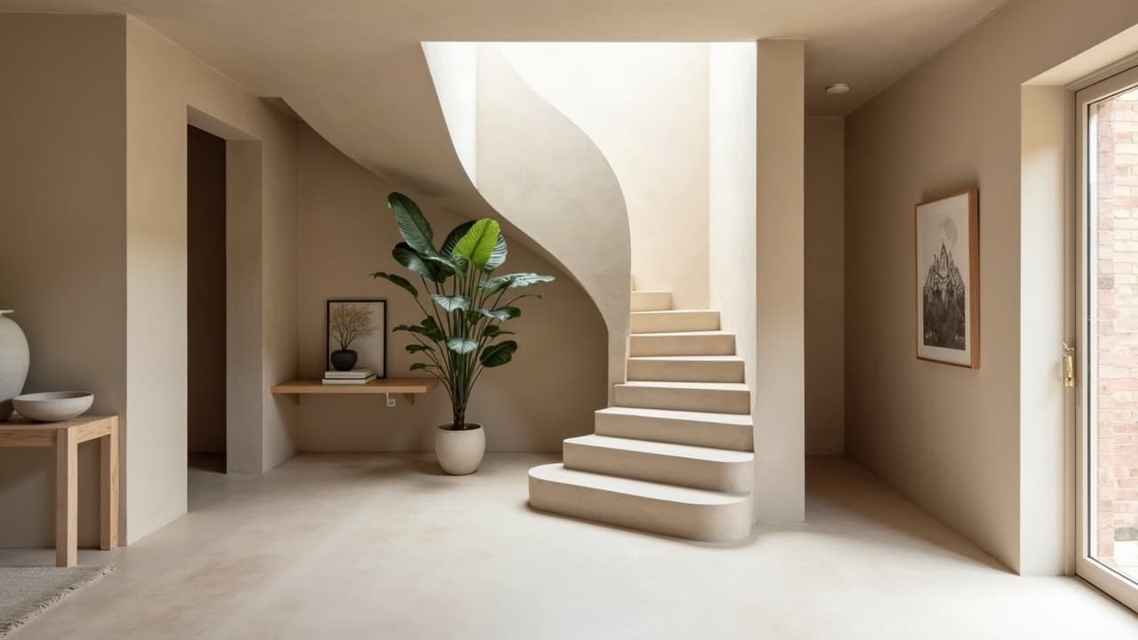 Escalier courbe sculptural en béton ciré beige dans un hall d'entrée à Ludres