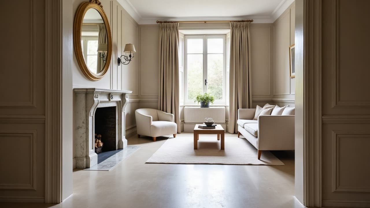 Salon avec cheminée en marbre et sol en béton ciré beige dans un appartement ancien à Lunéville