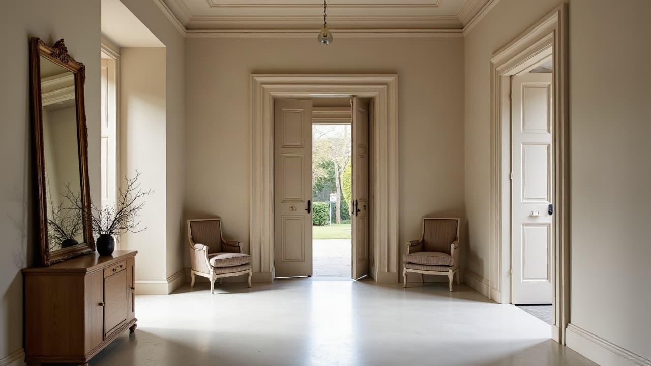 Grand hall d'entrée aux moulures anciennes et au sol continu en béton ciré beige à Lunéville