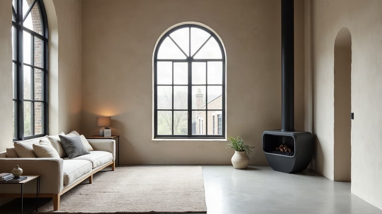 Séjour avec verrière cintrée et poêle à bois, murs et sol en béton ciré beige, dans un bâtiment industriel reconverti à Maxéville