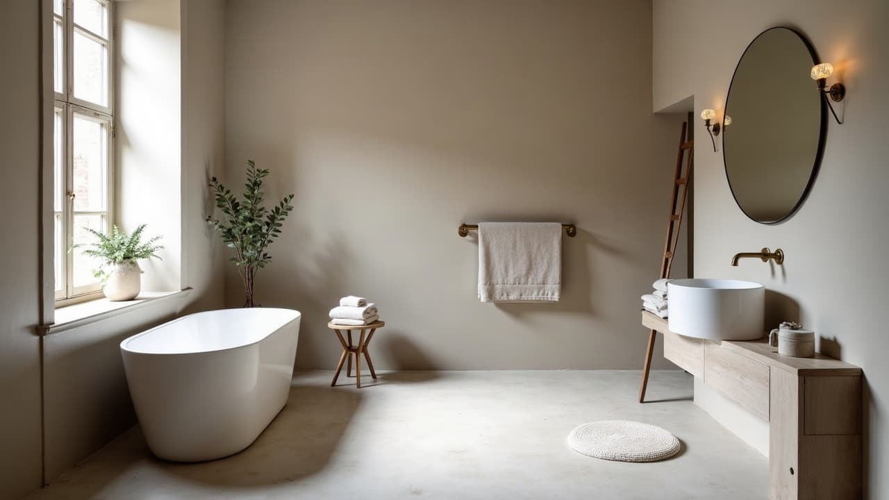 Salle de bain en béton ciré beige avec baignoire îlot, dans un appartement ancien à Nancy