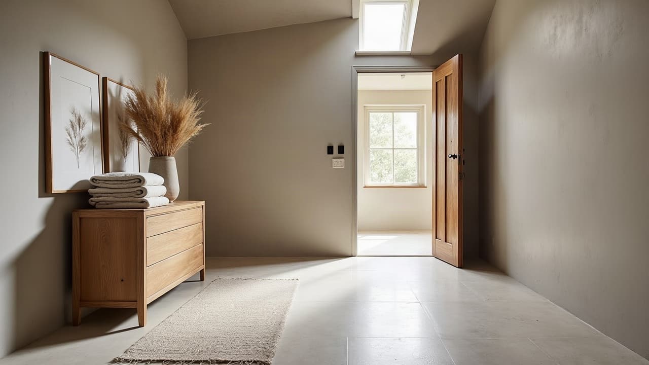 Palier d'étage au sol en béton ciré clair, porte ouverte sur une chambre mansardée à Neuves-Maisons