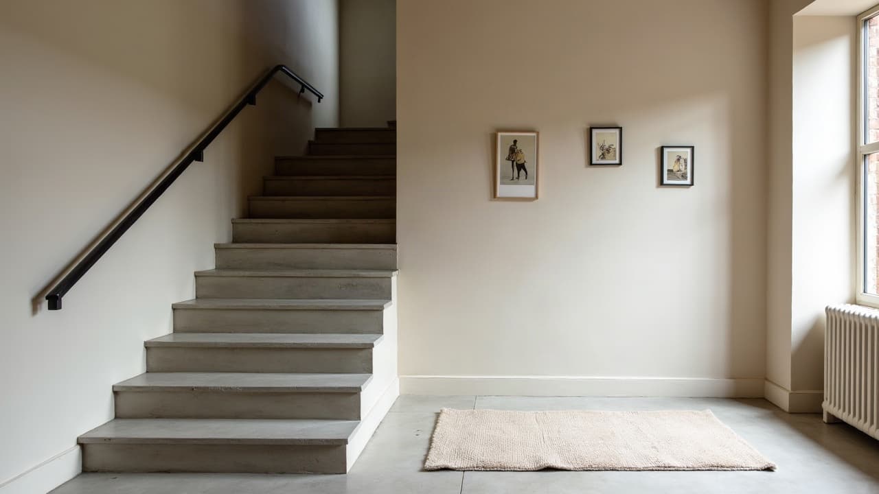 Escalier droit en béton ciré gris avec rampe noire dans un immeuble ancien à Pont-à-Mousson