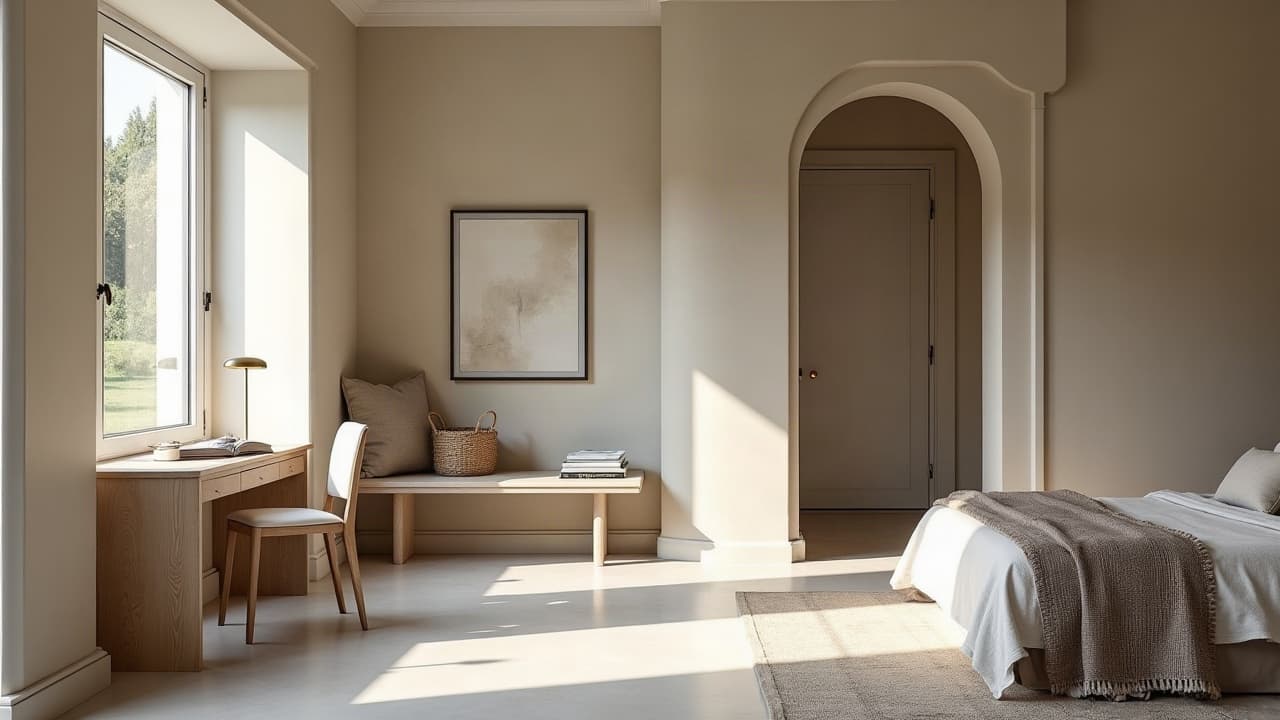 Chambre avec bureau sous fenêtre et sol en béton ciré clair, ouverture cintrée, dans un pavillon à Pulnoy
