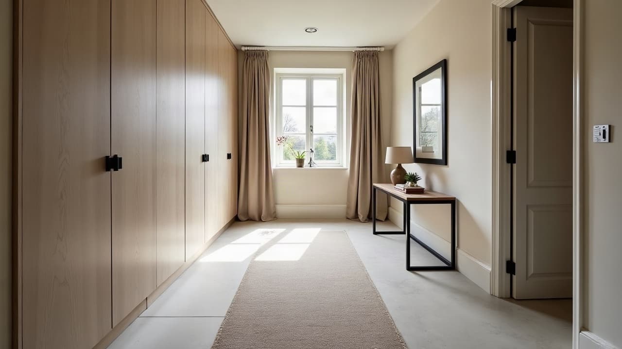 Dressing sur toute la longueur avec sol en béton ciré clair dans un pavillon à Pulnoy