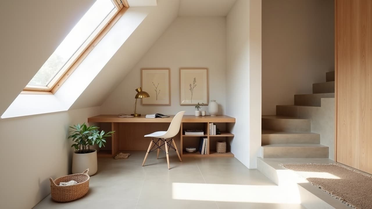 Bureau aménagé sous une lucarne, escalier en béton ciré beige en arrière-plan, à Seichamps