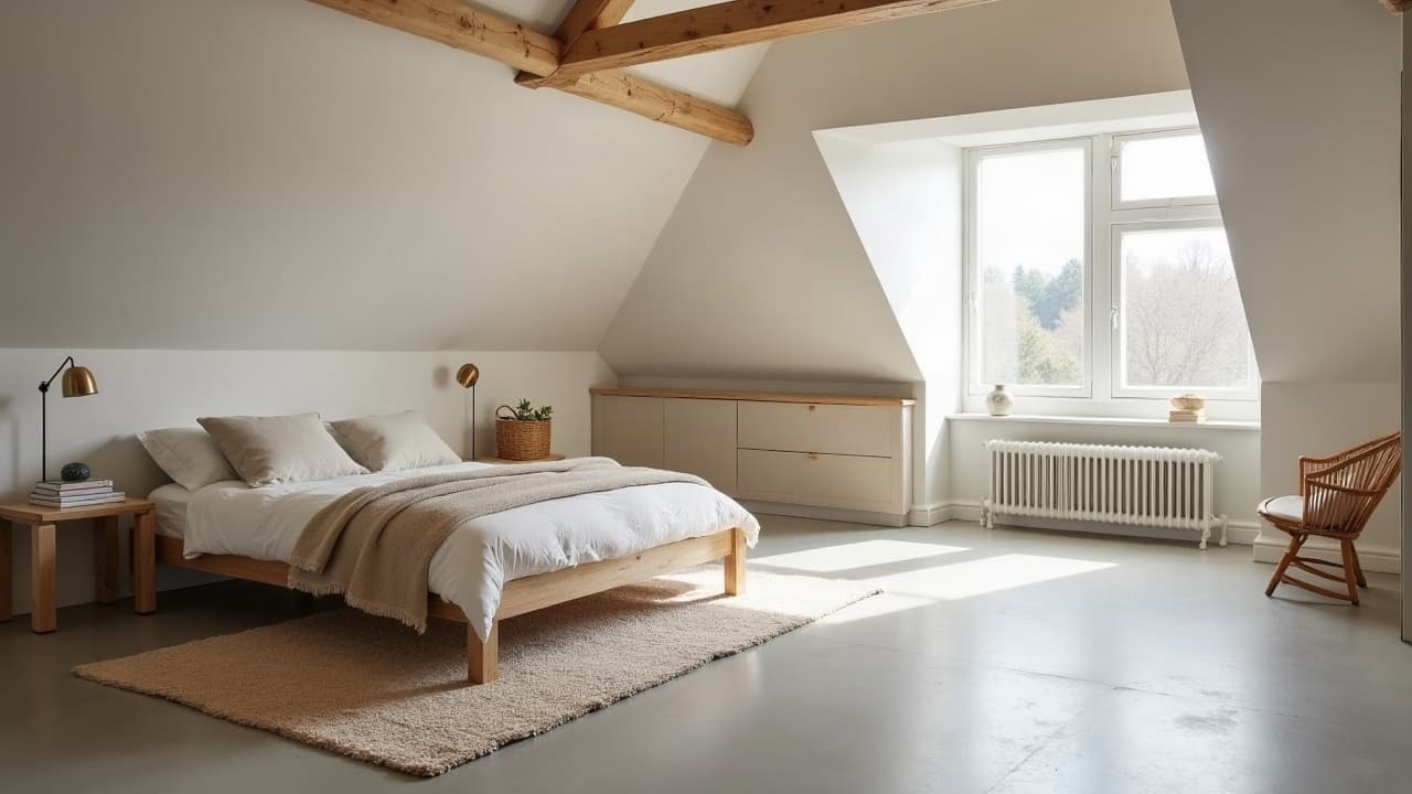 Chambre mansardée aux poutres apparentes avec sol en béton ciré clair à Seichamps