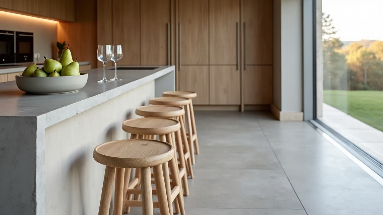 Bar de cuisine en béton ciré gris clair avec tabourets, baie vitrée sur jardin, à Tomblaine