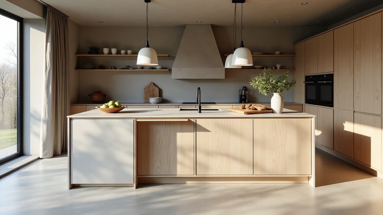 Îlot de cuisine avec hotte en béton ciré et plan de travail assorti à Tomblaine
